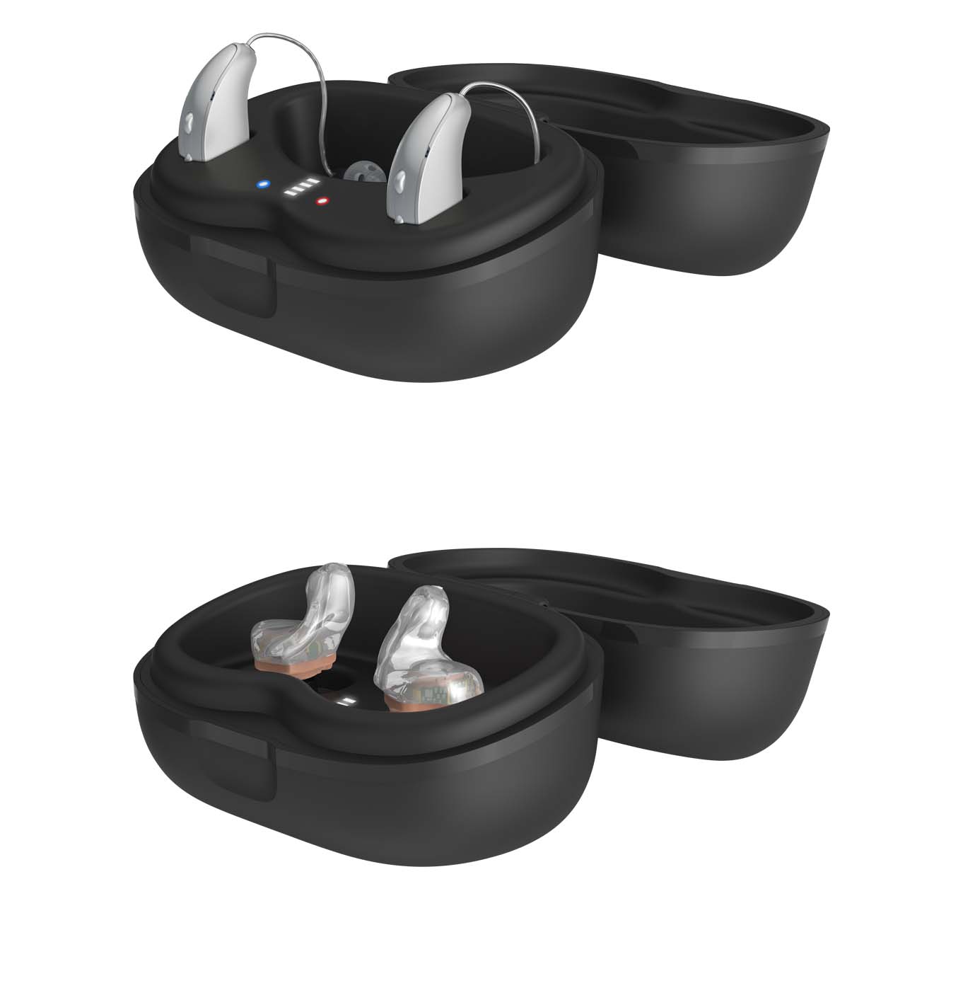 Two StarLink 2.0 Chargers open case, one with RIC hearing aids and the other custom hearing aids.