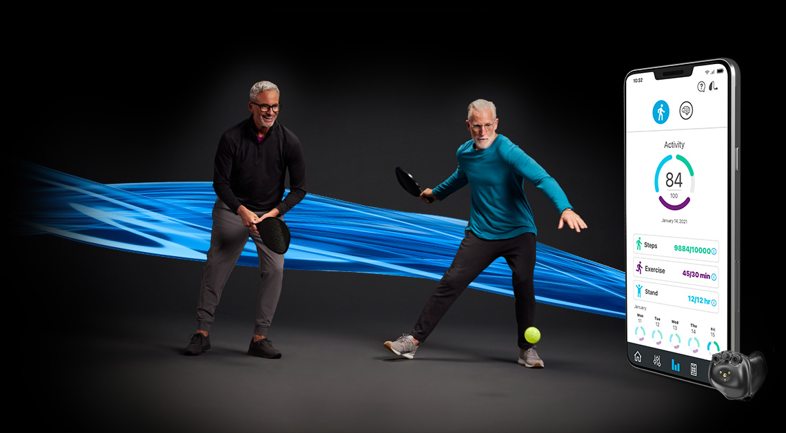 Two men playing pickle ball next to an image of mobile phone showing the health score screen