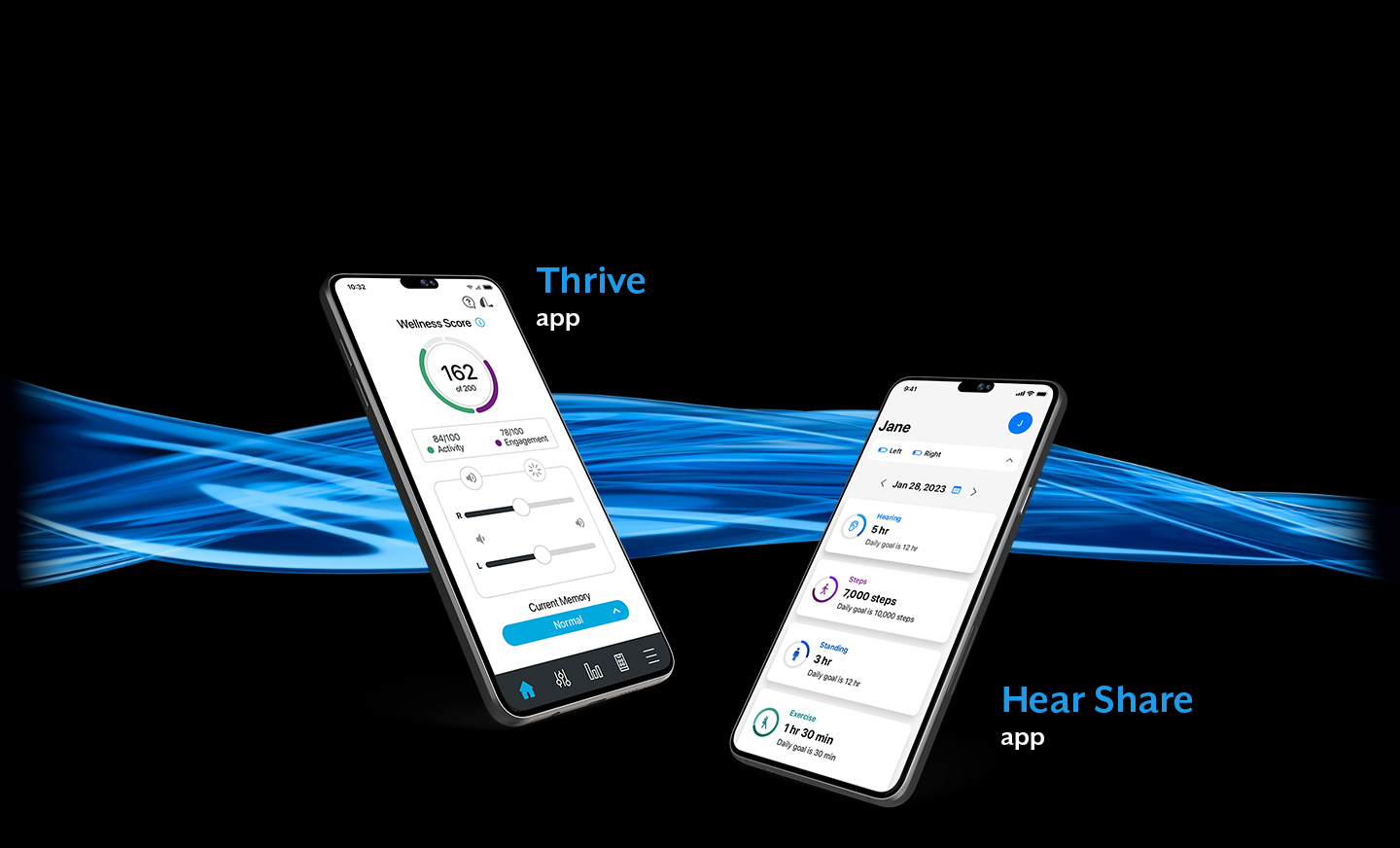 Thrive Hearing Control and Hear Share app screens with blue wave behind