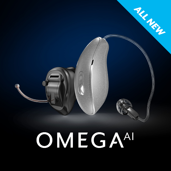 Omega AI logo with My Starkey app, Apply Watch and hearing aids