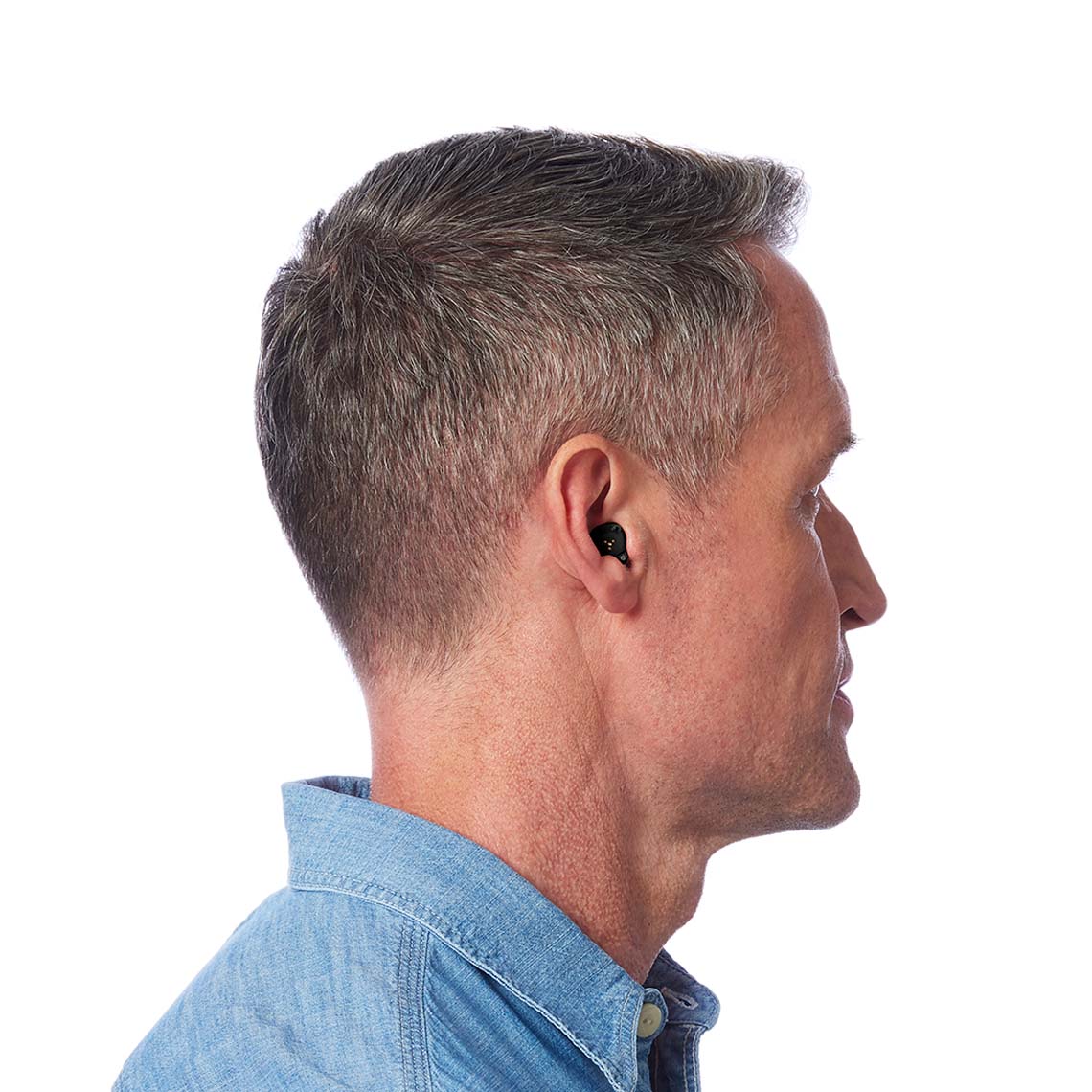 A Black ITC R shown in a man's ear