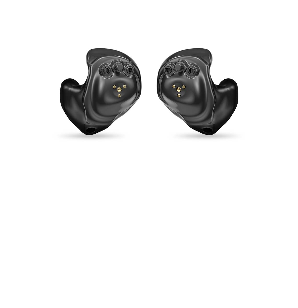 A pair of Black ITE R hearing aids