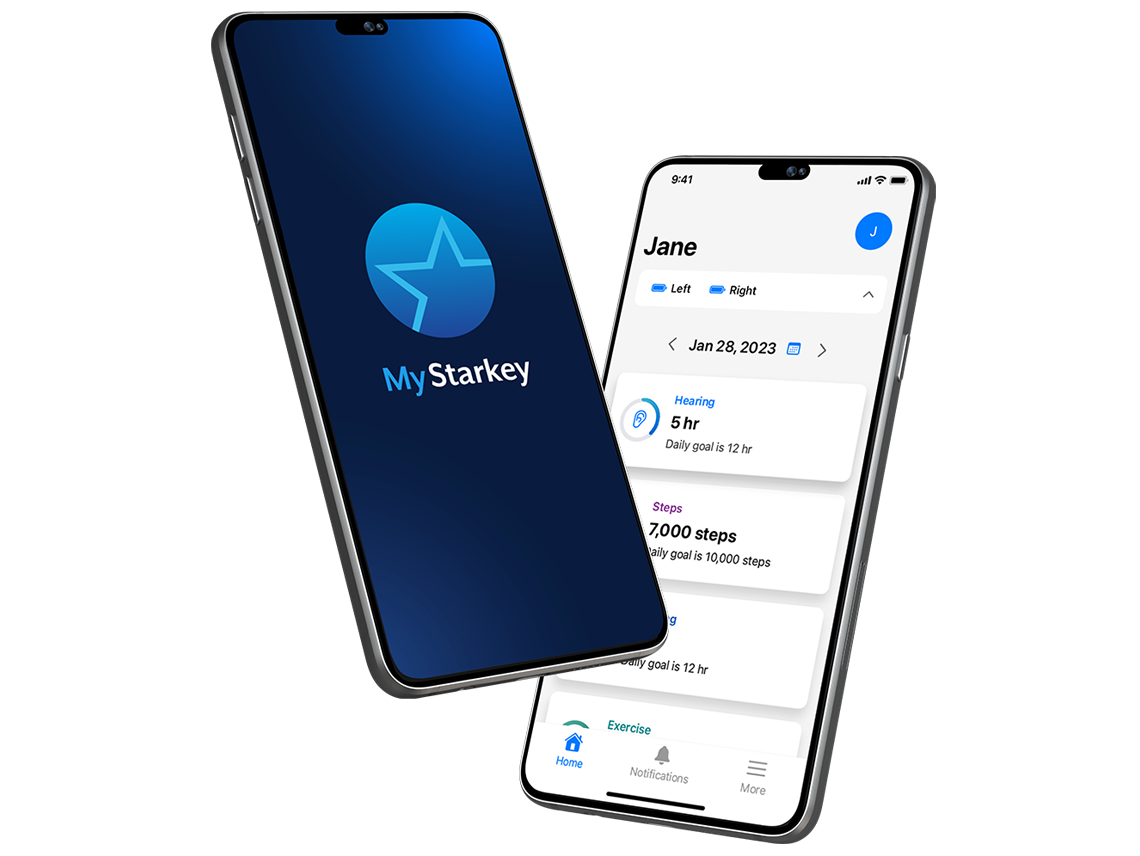 A pair of mobile phones showing different screens from the My Starkey app
